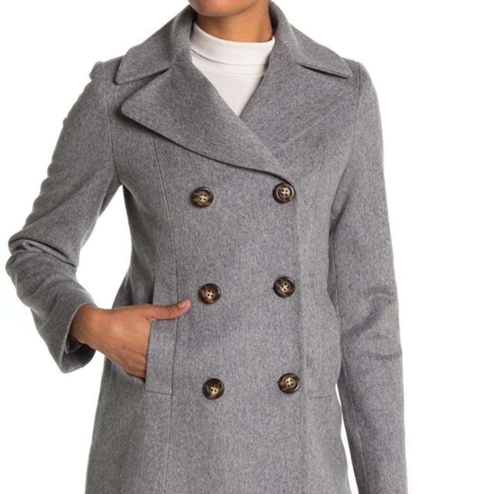 Fleurette Grey Heather Notch Collar Double Breasted Wool Coat